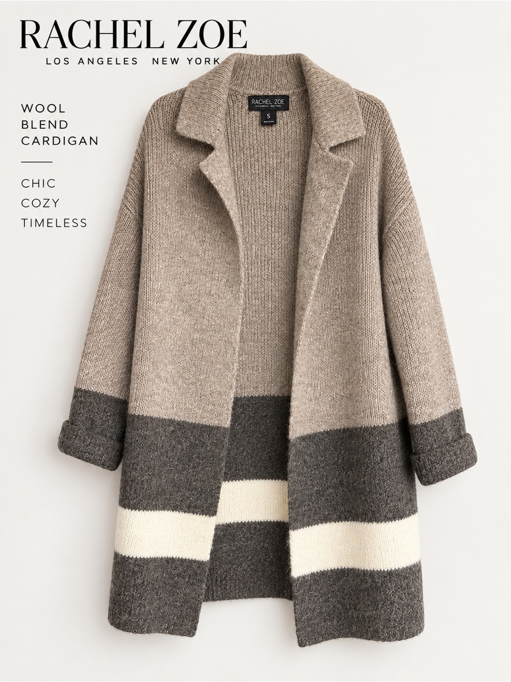 Rachel Zoe S Colorblock Wool Blend Long Open Front Cardigan Sweater Coat